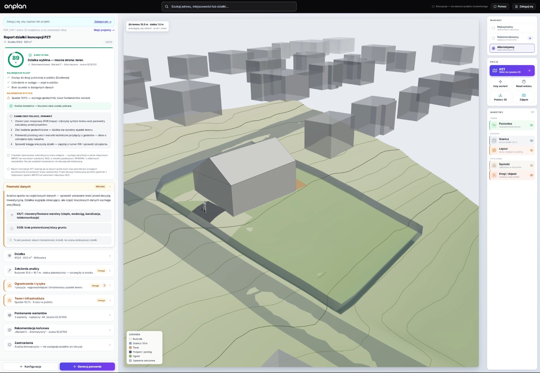 Ekran onplan: model 3D bryły na ukształtowanym terenie wraz z sąsiednią zabudową