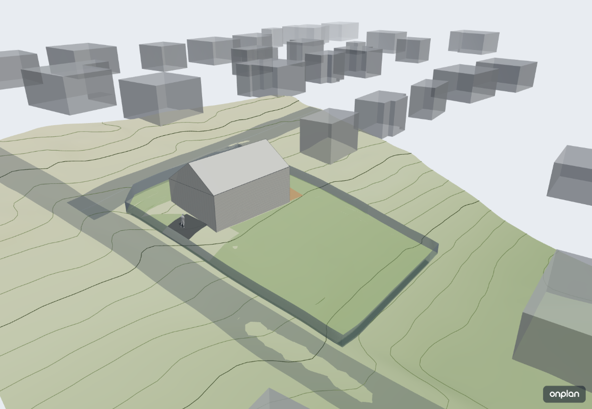 Widok 3D koncepcji zabudowy z ukształtowaniem terenu